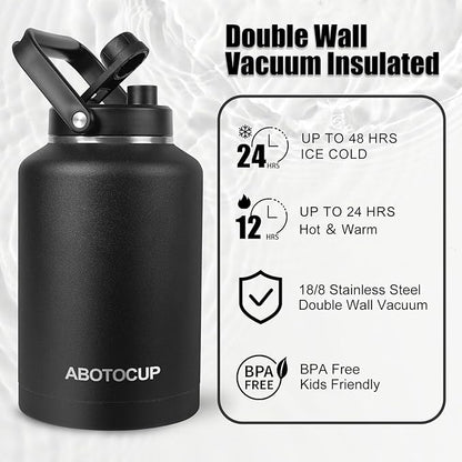 1.5 Gallon Water Jug with Wide Mouth, 192oz Insulated Water Bottle Keep Cold24h&Hot12h, Comes with Ergonomic Handle, Two Double Walled 16oz 18/8 Stainless Steel Cups Thermo Canteen Mug