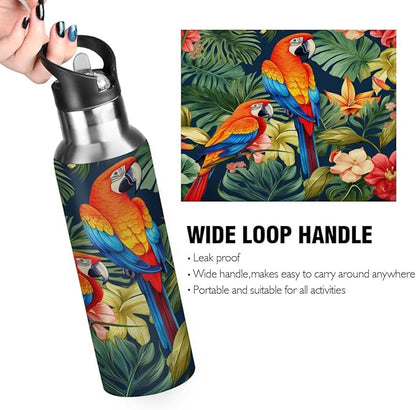 AUUXVA Cute Parrot Macaw Bird Water Bottle Vacuum Insulated Stainless Steel Mug Kids Water Bottle with Straw and Handle Keep Hot Cold Sport Bike Fit Travel Outdoor 20 oz