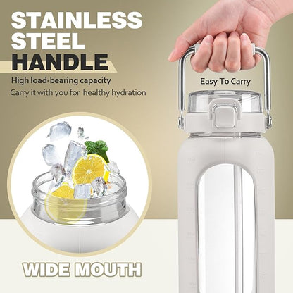 BLUEGO 64oz Water Bottle Glass with Stainless Steel Handle Large Water Bottle with Time Markers and Silicone Sleeve Half Gallon Water Jug BPA Free for Gym Daily Use, White