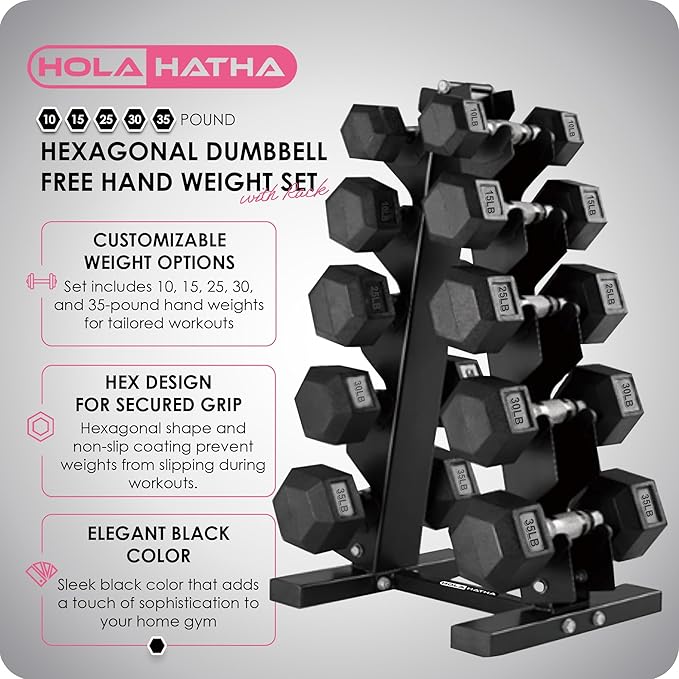 HolaHatha Hexagonal Dumbbell Weights Set, Home Gym Equipment Set, Portable Weighted Exercise Dumbbells for Fitness, Training, and Lifting Workouts