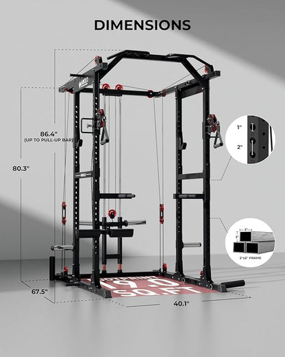 Mikolo K6 2.0 Power Cage, Power Rack with Cable Crossover System, 2000LBS Squat Rack with LAT Pull Down System, Functional Trainer with Aluminum Pulley System for Home Gym