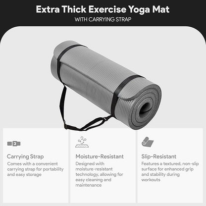 BalanceFrom 71x24 Inches Extra Thick Yoga Mat 1-Inch High-Density Foam – Roll-Up Exercise Pad with Double-Sided Non-Slip Surface and Carrying Strap for Pilates and Home Workouts, Multiple Colors