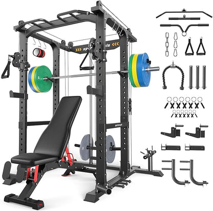 Sportsroyals Squat Rack, LAT Power Cage, Power Rack Multi-Function with Pulley System and Training Attachments for Home Gym