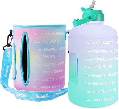 QuiFit 1 Gallon Water Bottle - with Straw & Motivational Time Marker Leak-Proof BPA Free Reusable Gym Sports Outdoor Large(128OZ/73OZ) Capacity Water Jug