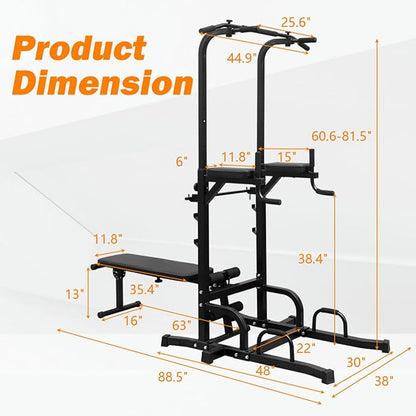 Power Tower with Adjustable Bench - Multi-Function Home Gym Equipment for Pull Ups, Dips, Push Ups - Strength Training Workout Station with Weight Bench for Full Body Exercise