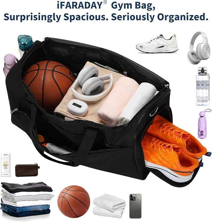 52L Men's Gym Bag with Shoe Compartment - 24-inch Duffle Bag for Travel, Sports, Fitness & Workout (Black)