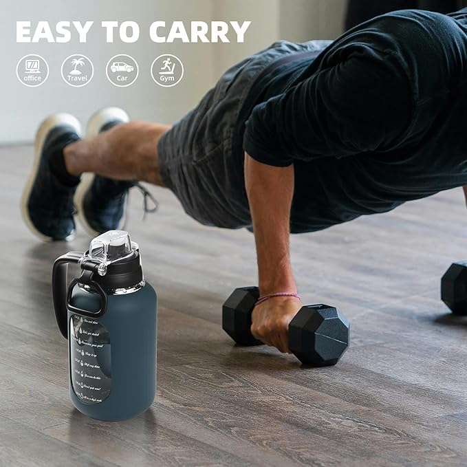 64 oz Glass Water Bottle with Handle and Straw Large 2L Water Bottle with Time Markers and Silicone Sleeve Half Gallon Water Jug BPA Free for Gym Daily Use