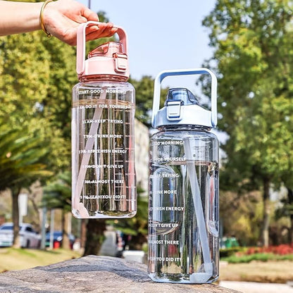 Large Capacity 2L Sports Water Bottle with Straw, Portable and Leakproof, Featuring Time Marker-Bk