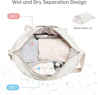 Gym Bag for Women, Sports Travel Duffel Bag with USB Charging Port, Weekender Overnight Bag with Wet Pocket and Shoes Compartment for Women, Travel, Gym, Yoga (Khaki) Medium