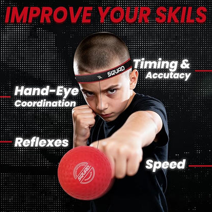 SQUAD Boxing Reflex Ball Set - 4-Level Reaction Balls + Adjustable Headband - Train Speed, Timing & Hand-Eye Coordination - Safe Fun for Kids & Adults - Boxing/MMA/Krav MAGA Home Workout Gift