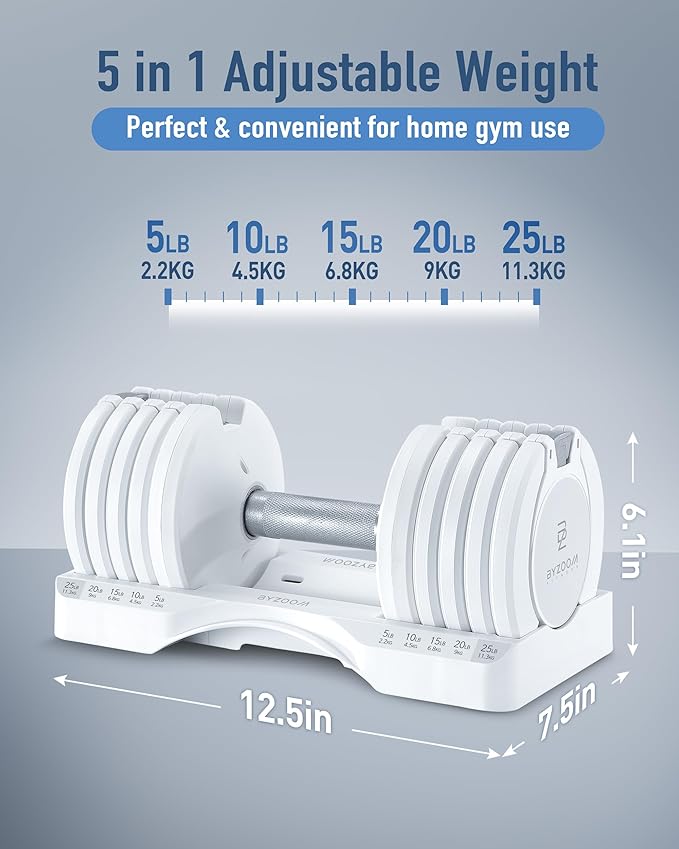 BYZOOM FITNESS Pure Series Adjustable Dumbbell - 12.5/25/27.5/75lb - ONE UNIT OR PAIR(check QTY before purchase) - 5-in-1/ 10-in-1 / 21-in-1 Flexible Hand Weights for Home Gym, Strength Training & Fitness Workouts, White OR Black