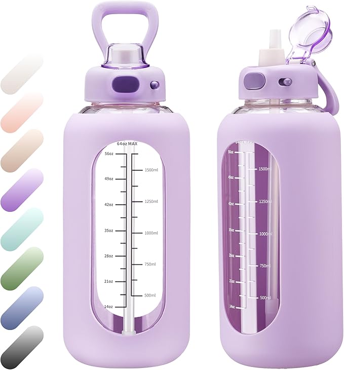 SIEROZUR 42 oz Glass Water Bottle with Straw and Handle Half Gallon Large Water Bottle with Silicone Sleeve and Time Marker Sports Water Jug Wide Mouth for Travel Gym