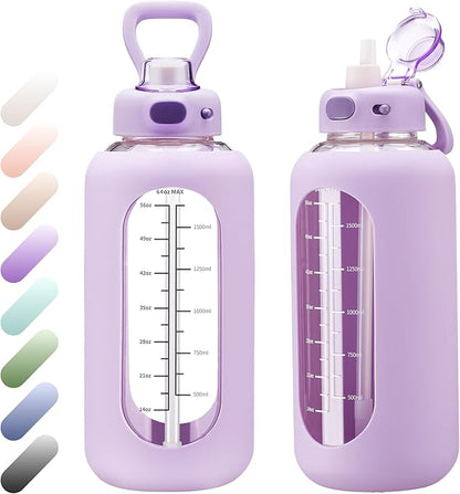 SIEROZUR 64 oz Glass Water Bottle with Straw and Handle Half Gallon Large Water Bottle with Silicone Sleeve and Time Marker Sports Water Jug Wide Mouth for Travel Gym