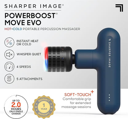 Sharper Image Deep Tissue Percussion Massage Gun, Powerboost Move Evo Hot & Cold Rechargeable Handheld Massager, 4 Adjustable Speeds, 5 Attachment Heads & Carrying Case, for Muscle Pain Relief, Blue