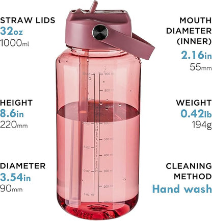 OLDLEY 32 oz Clear Water Bottle with Straw,Tritan BPA-Free, Wide Mouth, Leak Proof - for Gym, Travel, Home, School, Office (Red)
