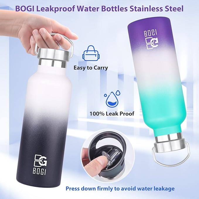BOGI 20oz Insulated Water Bottle, Wide Mouth Stainless Steel Water Bottles Leakproof Metal Water Bottle with Straw and Handle BPA Free Steel Water Bottle for School Fitness Outdoor Sports-Color1