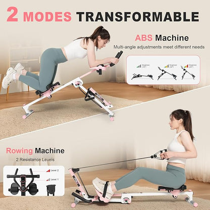 TOUSAINS 3 in 1 Ab Machine, Foldable Rowing Machine & Cable System, Core Trainer for Abdominal Workout, 4-Level Height & 2 Resistance Levels, All-in-One Home Gym Equipment for Weight Loss & Sculpting