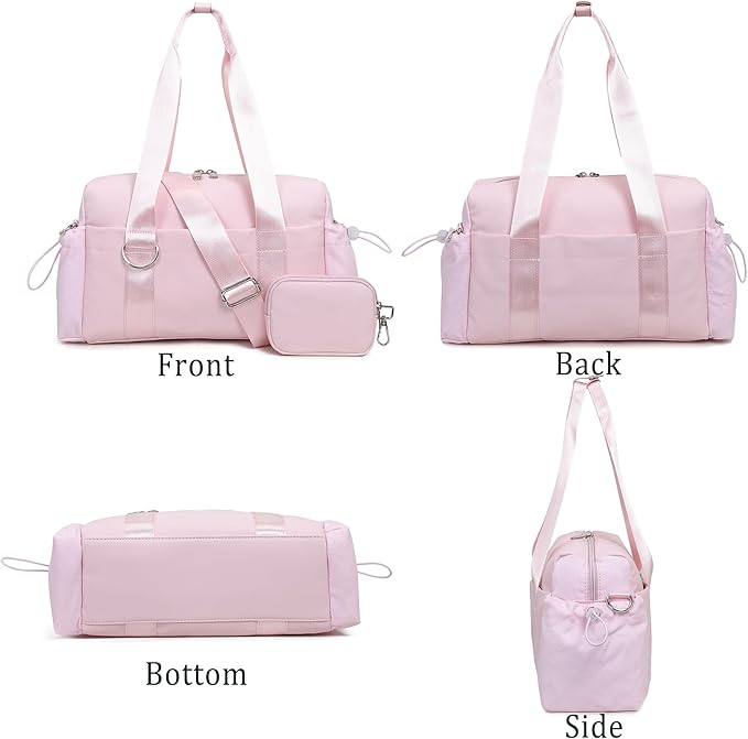 Everyday Mini Gym Bag for Women 2.0, Small Tote with Zipper Compartment Waterproof Travel Duffle Cute Handbag Workout Carry On with Removeable Shoulder Strap & Coin Wallet Easy to Clean - Pink
