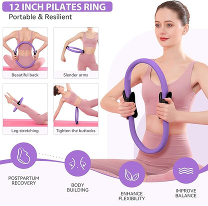 HASHMUST Pilates Ring Kit 12 PCS for Women, Home Workout Equipment with Magic Circle, Mini Exercise Ball, Resistance Bands, Massage Lacrosse, Yoga Strap, Full-Body Fitness Set for Toning & Gift