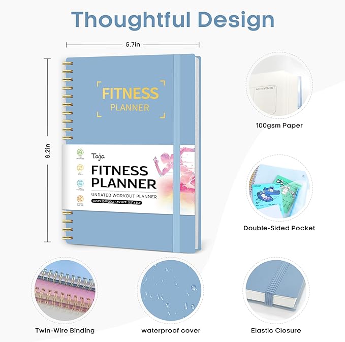 Fitness Workout Journal for Women & Men, A5(5.5" x 8.2") Workout Log Book Planner for Tracking, Progress, and Achieving Your Wellness Goals-Sky Blue
