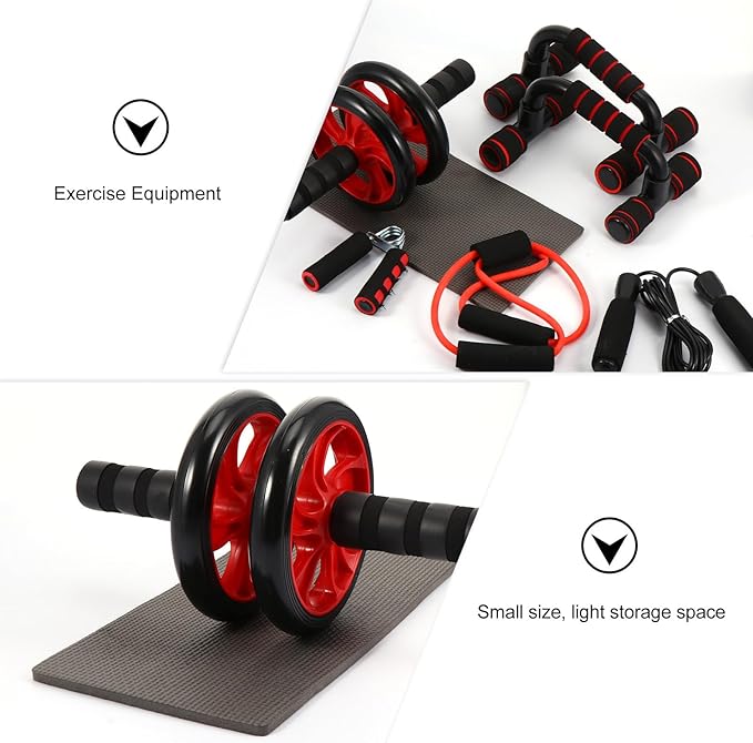 Abdominal Roller Wheel 7pcs Set with Double Red Wheels, Core Strength Training Exercise Roller for Men and Women, Home Fitness Equipment for Ab Workouts and Muscle Toning