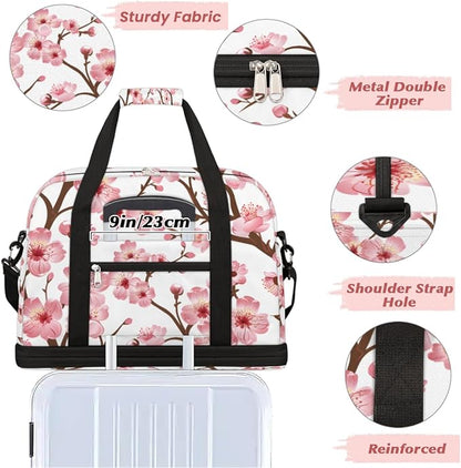Foldable Travel Duffel Bag for Women, Overnight Weekender Bag Cherry Blossom Floral Carry on Duffel Bag Luggage Sports Gym Tote Bag with Shoes Compartment, Water Rresistant Shoulder Bag