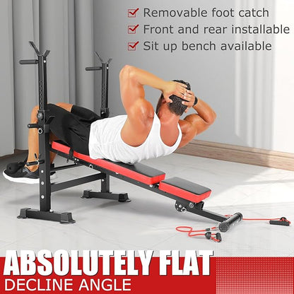 OPPSDECOR 8-in-1 Foldable Weight Bench Set with Squat Rack, Adjustable Bench Press Home Gym System for Full-Body Workout, Flat Incline Decline Sit Up Bench with Removable Foot Catch & Elastic Ropes