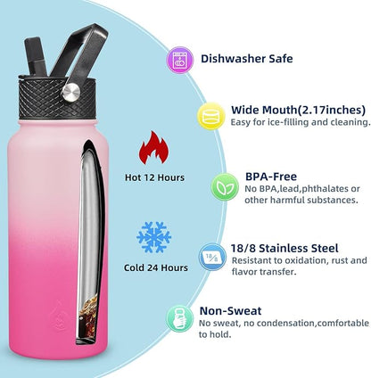 BJPKPK Insulated Water Bottles with Straw Lid, 32oz Metal Large Water Bottle with 3 Lids, Reusable Leak Proof BPA Free Thermo, Stainless Steel Tumblers for Sports, Gym, Travel-Cherry