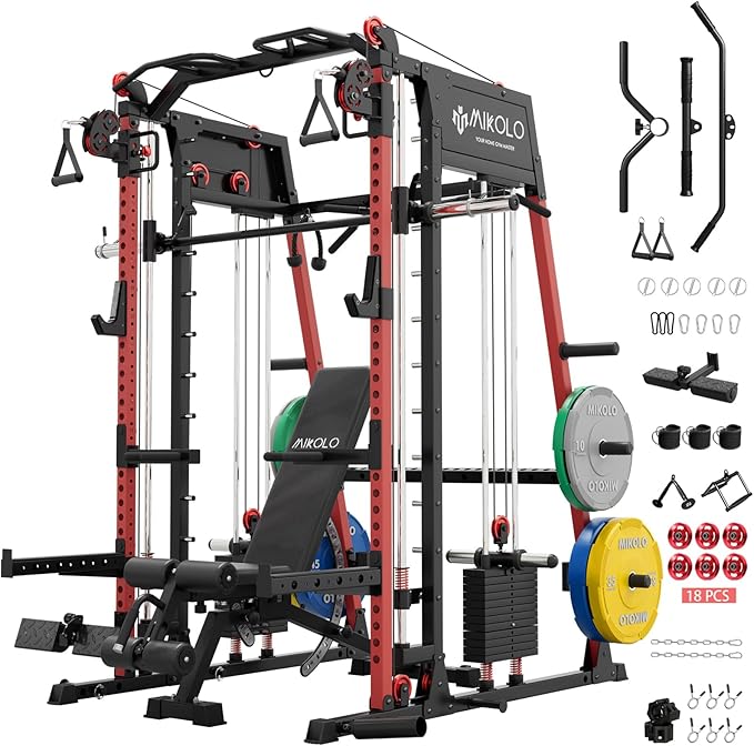 Mikolo M4 2.0 Smith Machine, All-in-One Home Gym Power Cage with LAT Pulldown & Cable Crossover, Squat Rack for Full Body Workouts