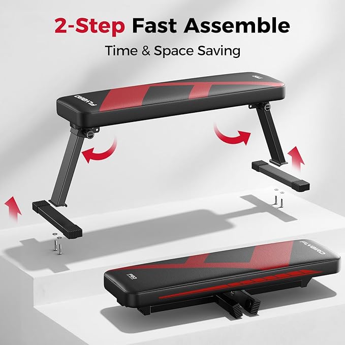 FLYBIRD Foldable Flat Weight Bench For Home Gym, Sturdy Strength Training Workout Bench, Space-saving Bench Press Flat Exercise Bench, Easy to Assemble