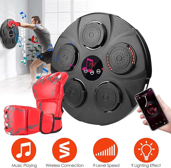 KOCASO Music Boxing Machine with Boxing Gloves - Wireless Smart Music Boxing Machine, 9 Speeds & 9 Modes Light - Wall Boxing Punching Pad Electronic Workout Machine for Home Gym