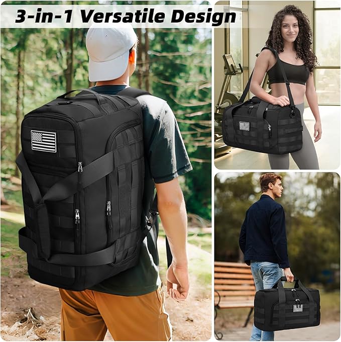 ZOMFELT Tactical Gym Bags for Men, 22x14x9 Carry On Luggage Duffle Bag for Travel, 3-in-1 Sports Basketball Soccer Bag with Removable Dividers & Shoe Compartment, Weekender Overnight Travel bag, Black