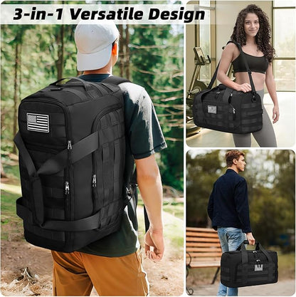 ZOMFELT Tactical Gym Bags for Men, 22x14x9 Carry On Luggage Duffle Bag for Travel, 3-in-1 Sports Basketball Soccer Bag with Removable Dividers & Shoe Compartment, Weekender Overnight Travel bag, Black