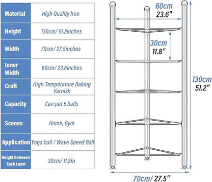 Exercise Half Balance Ball Trainer Holder Storage Rack - Home Fitness Gym Workout Equipment 3/5/6/7 Tier Floor Stand Corner Storage Organizer for Basketball Bowling Medicine Yoga Bosu Balls(Gold,5 lay