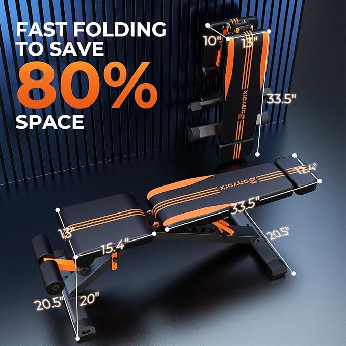 Adjustable Weight Bench, Foldable Incline Decline Flat Workout Bench Press with Extended Backrest, 80x40MM Heavy-Duty Steel Dumbbell Bench for Home Gym Full Body Strength Training