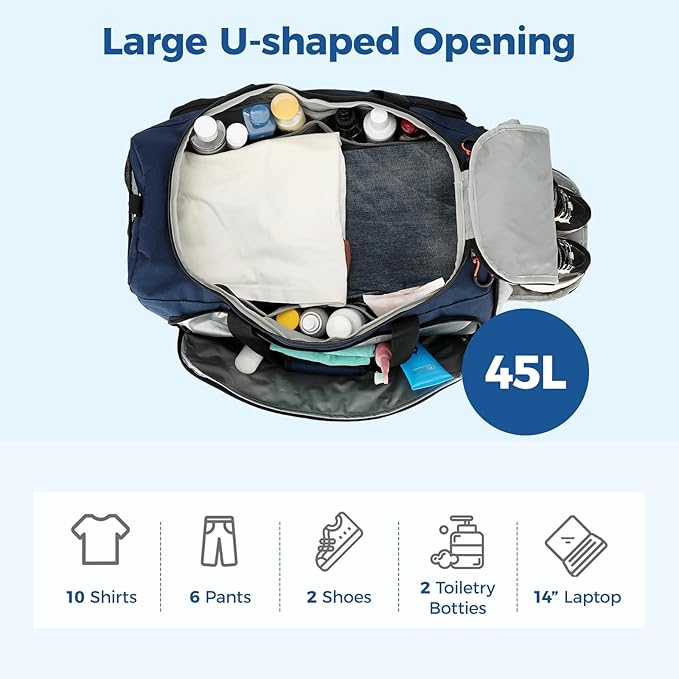 Searock 45L Gym Bag for Men, 3-In-1 Duffle Bag Backpack for Travel, Sports Duffel Bags for Gym Workout, Weekender Overnight Bag with Shoe Compartment, Wet Pocket, Navy Blue