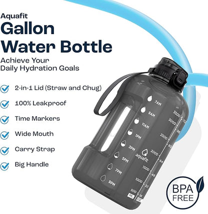 AQUAFIT 1 Gallon Water Bottle with Time Marker - Straw & Chug Lid - BPA Free Gym Water Bottle with Straw - Big Gallon Jug (Aqua, 128 oz - 2in1 Lid)