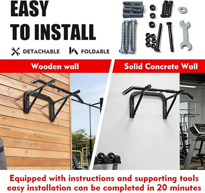 Pull up bar wall mounted Heavy Duty Steel Chin Up Bar for Home Gym Doorway Wall Installation Multi-Function Upper Body Workout Bar for Pull-Ups Chins Ups Push-Ups Strength Training Fitness Equipment for Men Women