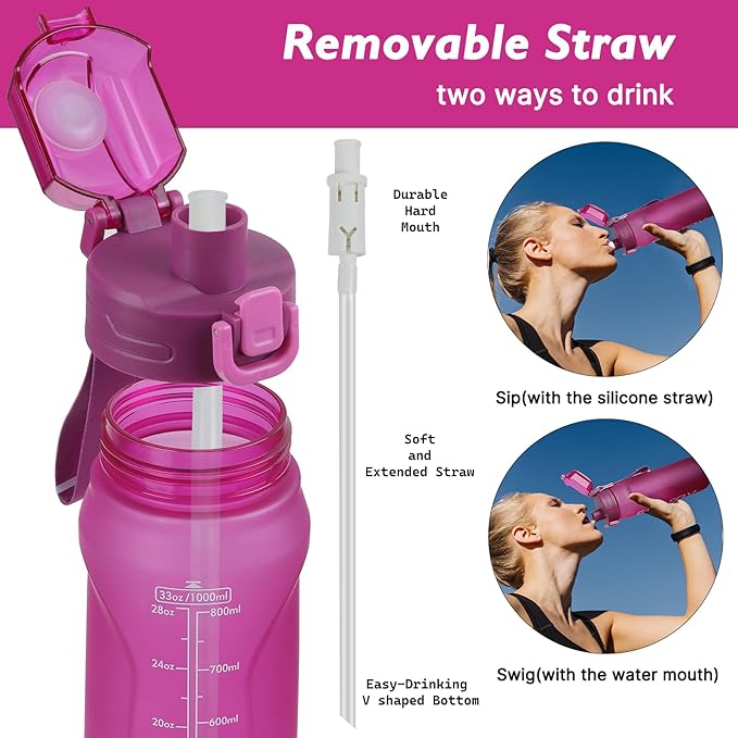 32oz Sports Water Bottle with Detachable Straw (Sip & Chug), Motivational Water Bottle with Capacity Marker, Leakproof Drinking Water Bottle with Strap for Travel Fitness Gym Outdoor (Pink)
