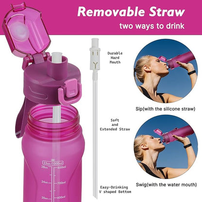 32oz Sports Water Bottle with Detachable Straw (Sip & Chug), Motivational Water Bottle with Capacity Marker, Leakproof Drinking Water Bottle with Strap for Travel Fitness Gym Outdoor (Pink)