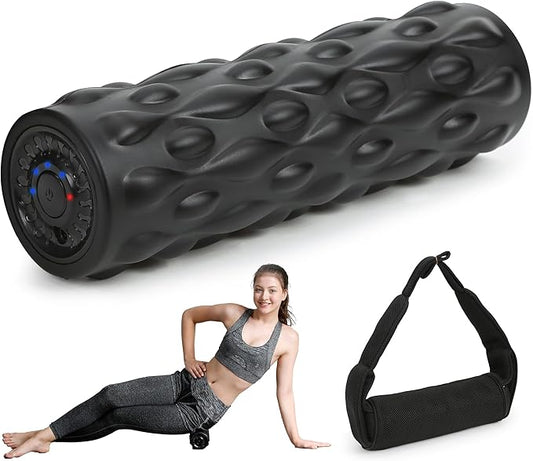 High-Density Vibrating Foam Roller Black with 4 Customizable Speeds for Deep Tissue Massage, Muscle Recovery and Pain Relief -Rechargeable with Massage Backpack