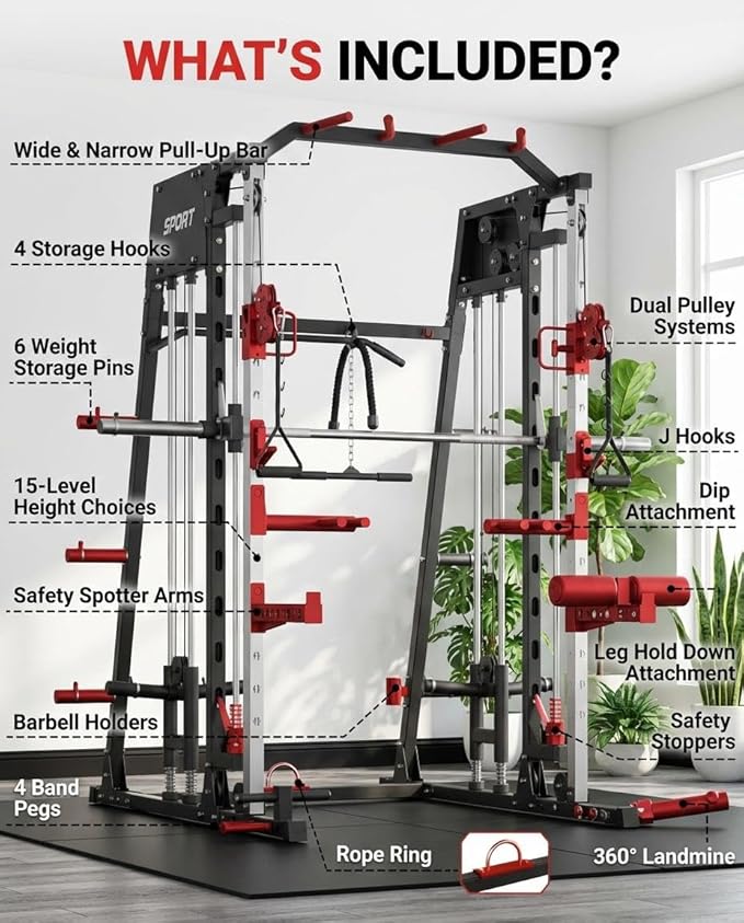 Smith Machine Home Gym All-in-1, 2200LBS Power Cage with Dual Cable Pulley Systems, LAT Pull-Down & Leg Hold-Down | Complete Strength Training Equipment for Full Body Workouts