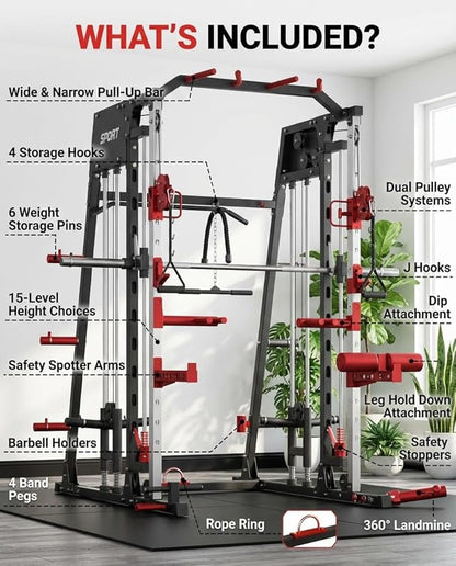 Smith Machine Home Gym All-in-1, 2200LBS Power Cage with Dual Cable Pulley Systems, LAT Pull-Down & Leg Hold-Down | Complete Strength Training Equipment for Full Body Workouts