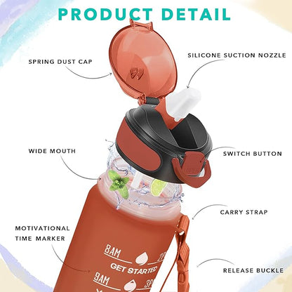 Enerbone 32 oz Drinking Water Bottle with Times to Drink and Straw, Motivational with Carrying Strap, Leakproof BPA & Toxic Free, Ensure You Drink Enough Water for Fitness Gym Outdoor