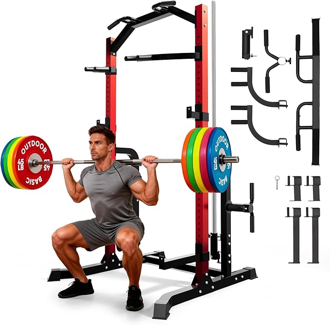 Outdoor Basic Power Cage Squat Rack with Pull-Up Bar & Dip Station, 2400LB Capacity, Multi-Functional Home Gym Rack for Weightlifting, Strength Training, Bench Press