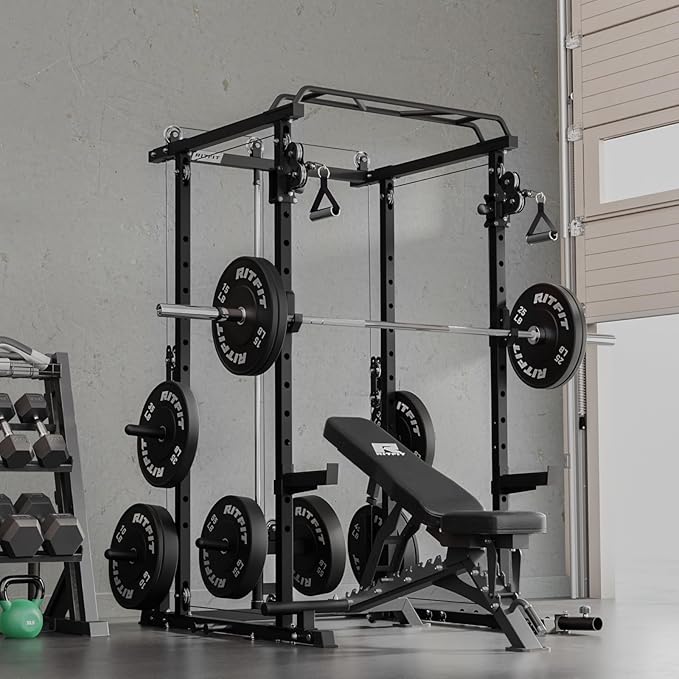 RitFit Multi-Function Garage & Home Gym Package Includes 1200LBS Power Cage PPC03/P3 with Cable Crossover System, Weight Bench, Olympic Barbell Weight Set, Full Body Workout
