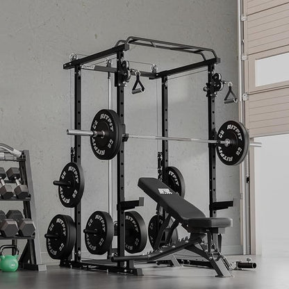 RitFit Multi-Function Garage & Home Gym Package Includes 1200LBS Power Cage PPC03/P3 with Cable Crossover System, Weight Bench, Olympic Barbell Weight Set, Full Body Workout