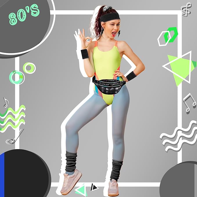 80s Neon Workout Costume Accessories Set 10 PCS Leg Warmers for Women 80s Headband Wristband Fanny Pack for Yoga Running