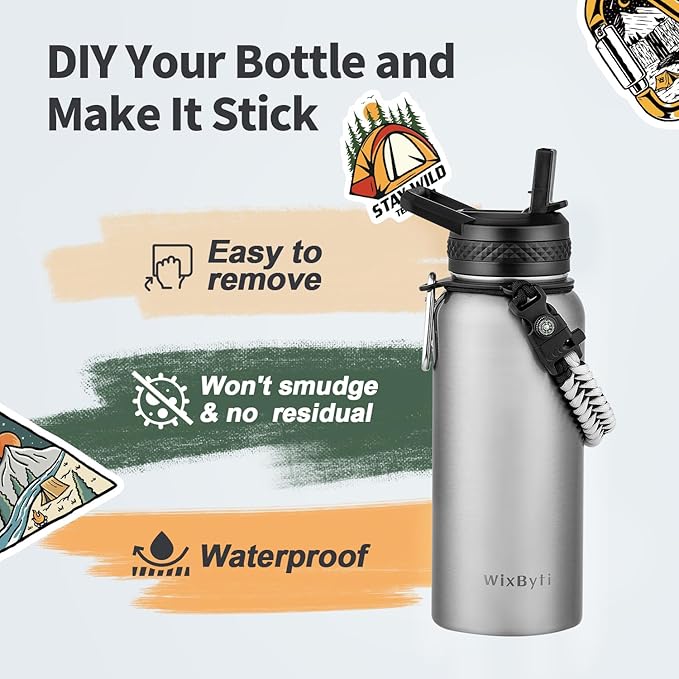32 oz Insulated Water Bottle with Straw, Stainless Steel Triple Wall Vacuum Sports Water Jug, Leakproof Hydro Cup Flask with Paracord Handle & Straw Spout Lids & DIY Stickers