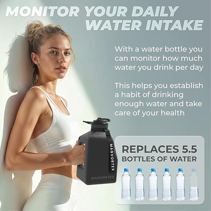 91oz Gym Daily Water Bottle Black – Large BPA-Free PETG Jug with Magnetic Plate Phone Mount, Leakproof Flip-Top Lid, Wide Mouth for Ice, Straw, Carry Strap, Stable Base, Time Marker